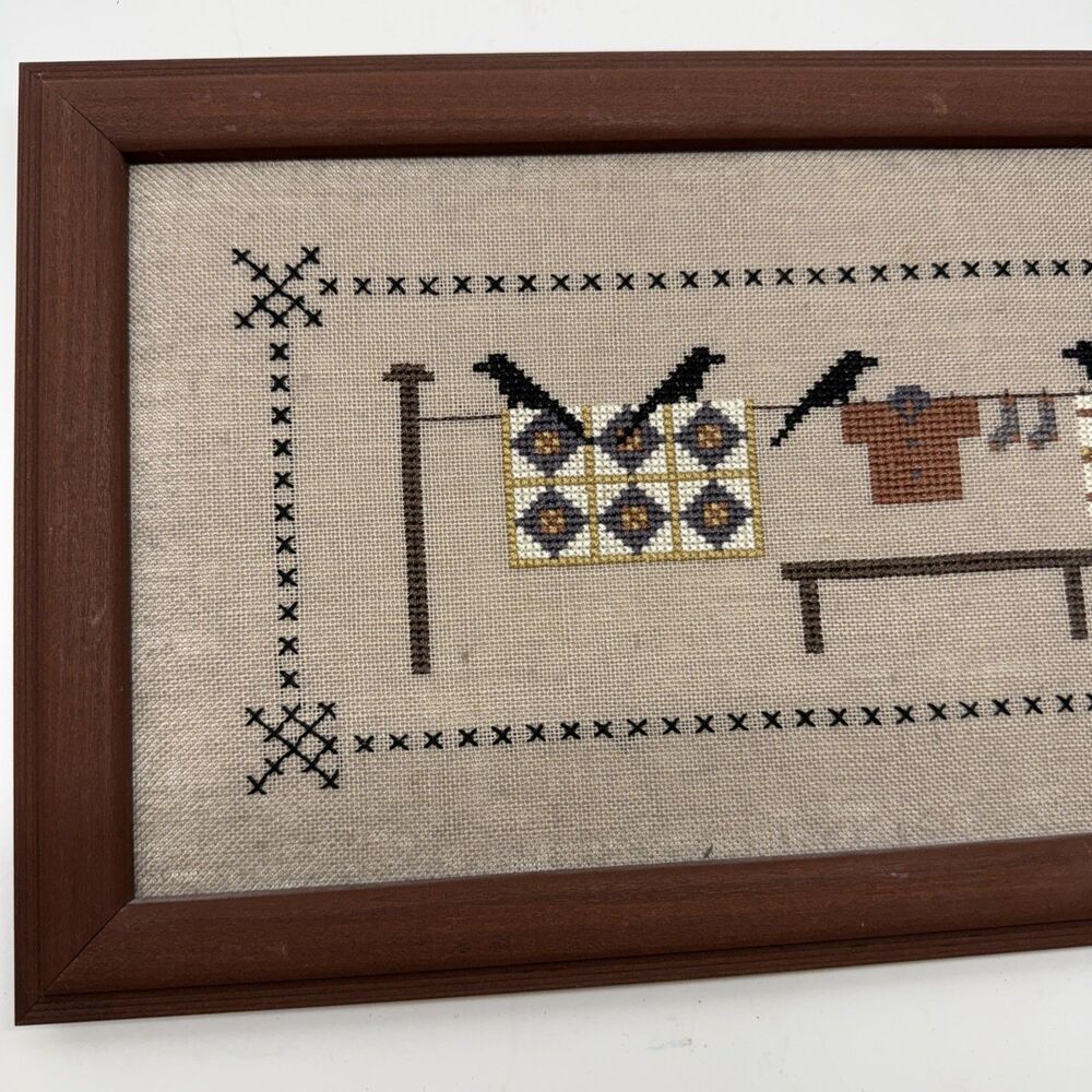 Crows On Clothesline Framed Cross Stitch Completed 16”x8.5” Framed Art - Picture 2 of 9